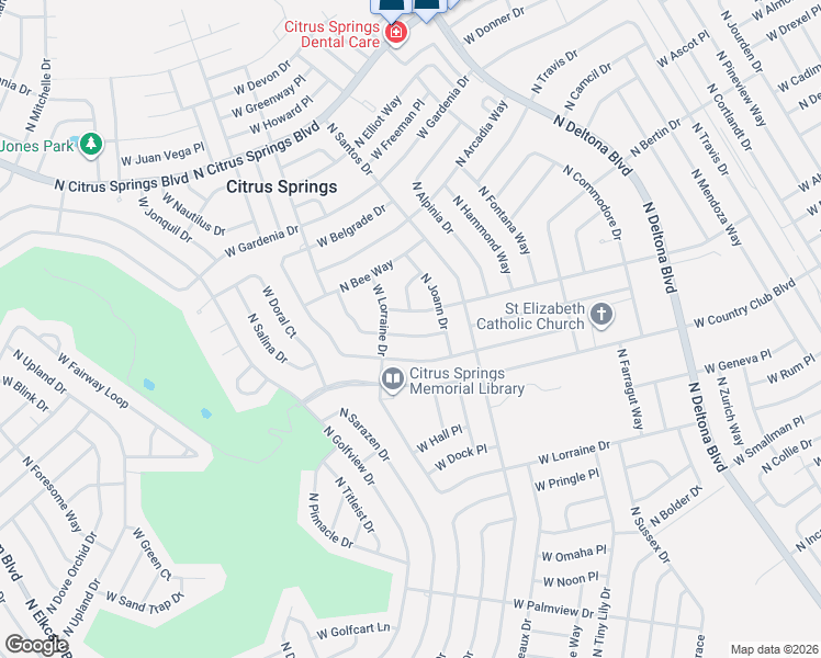 map of restaurants, bars, coffee shops, grocery stores, and more near 1836 West Water Lily Drive in Citrus Springs