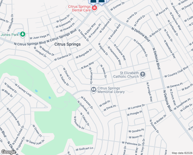 map of restaurants, bars, coffee shops, grocery stores, and more near 1836 West Water Lily Drive in Citrus Springs