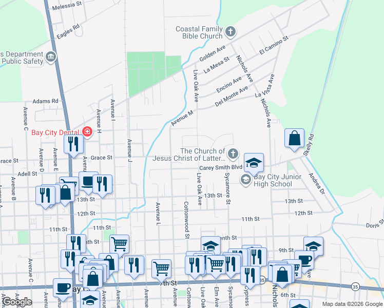 map of restaurants, bars, coffee shops, grocery stores, and more near 1306 Live Oak Avenue in Bay City