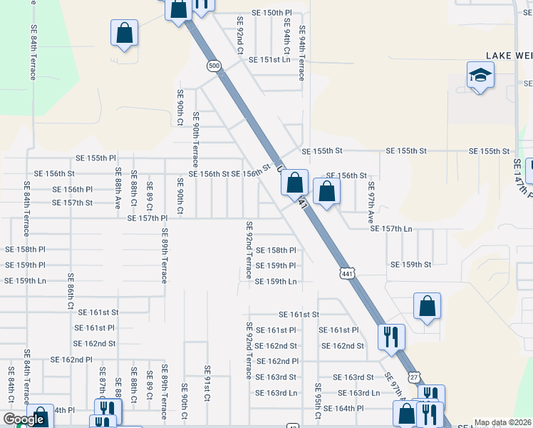 map of restaurants, bars, coffee shops, grocery stores, and more near 9345 Southeast 157th Place in Marion County