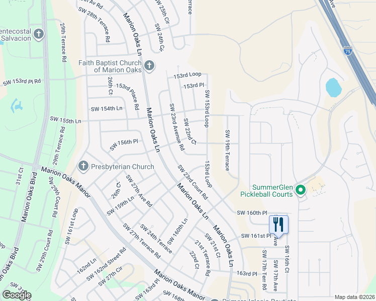 map of restaurants, bars, coffee shops, grocery stores, and more near 15721 Southwest 23rd Avenue Road in Ocala