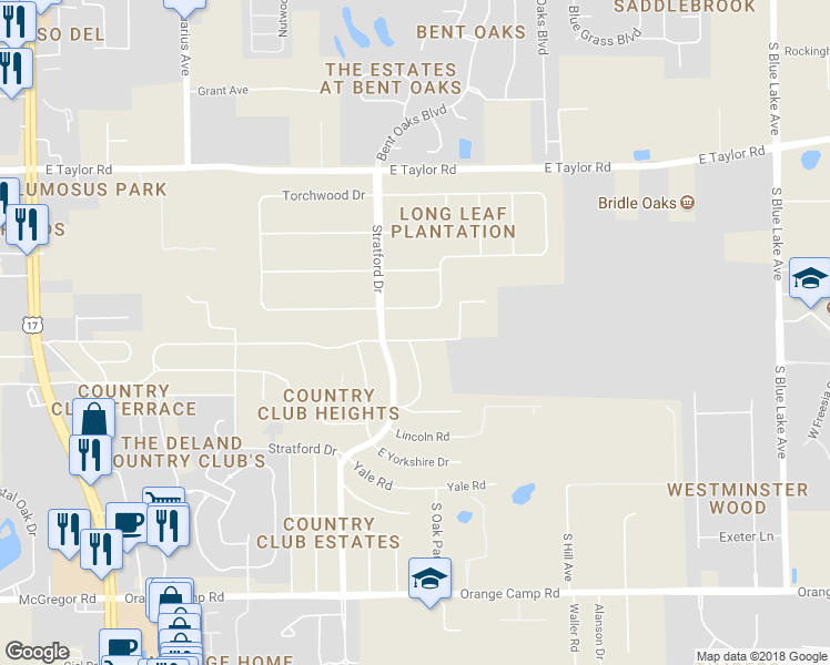 map of restaurants, bars, coffee shops, grocery stores, and more near 801 Westchester Drive in DeLand