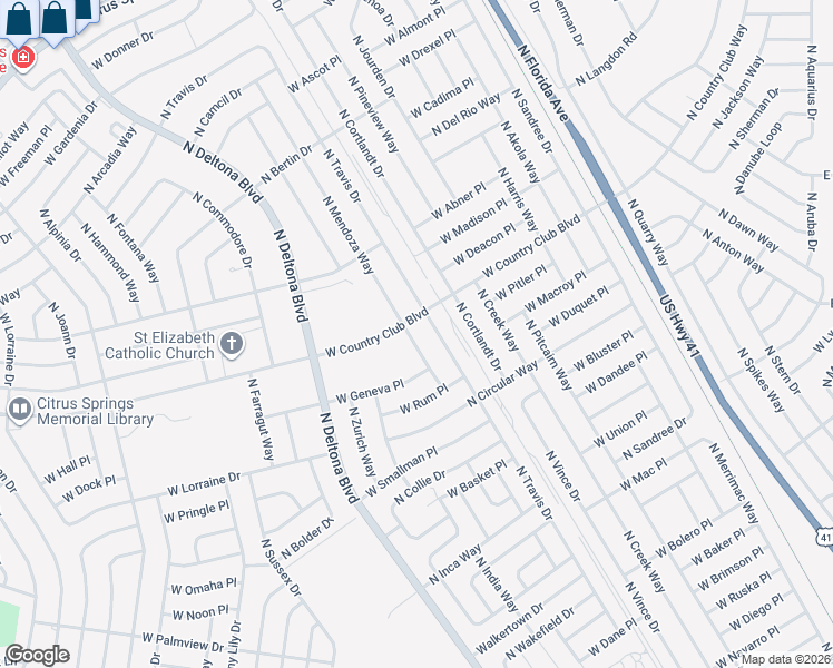 map of restaurants, bars, coffee shops, grocery stores, and more near 8903 North Mendoza Way in Citrus Springs