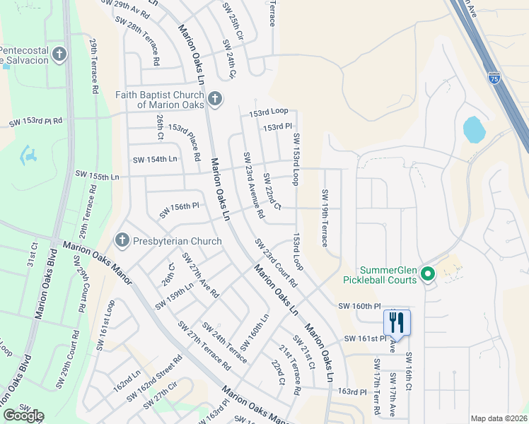 map of restaurants, bars, coffee shops, grocery stores, and more near 15721 Southwest 23rd Avenue Road in Ocala