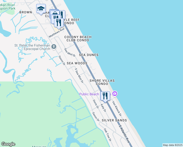 map of restaurants, bars, coffee shops, grocery stores, and more near 4407 South Atlantic Avenue in New Smyrna Beach