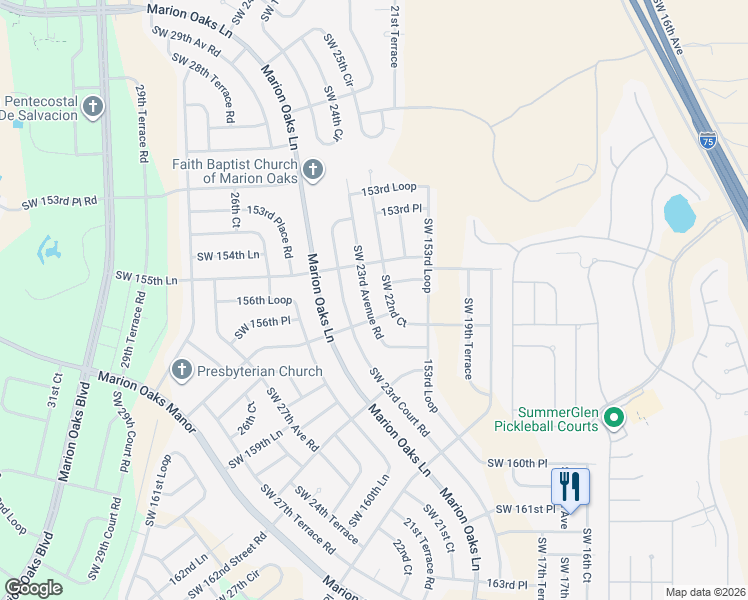 map of restaurants, bars, coffee shops, grocery stores, and more near 15592 Southwest 22nd Court Road in Ocala
