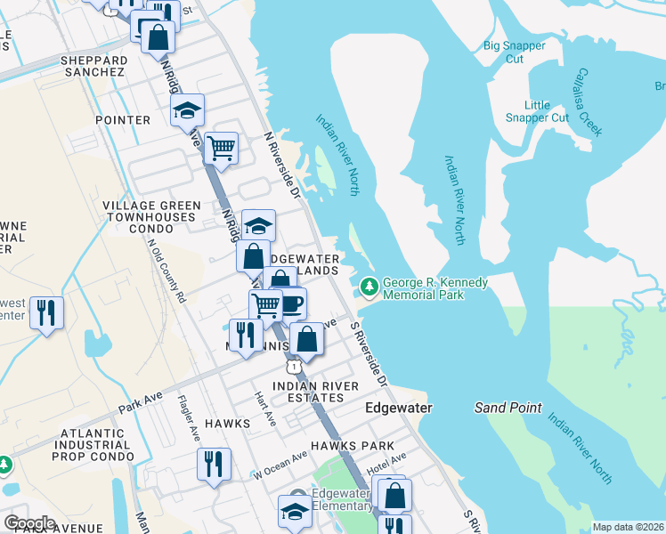 map of restaurants, bars, coffee shops, grocery stores, and more near 201 North Riverside Drive in Edgewater
