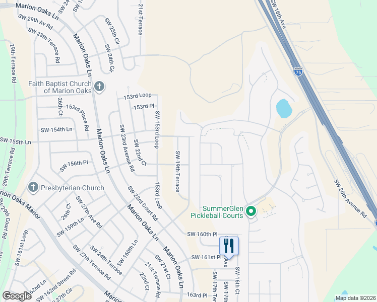 map of restaurants, bars, coffee shops, grocery stores, and more near 15643 Southwest 19th Terrace in Ocala