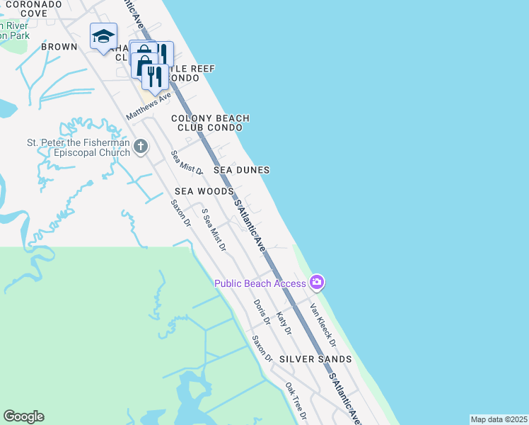map of restaurants, bars, coffee shops, grocery stores, and more near 4375 South Atlantic Avenue in New Smyrna Beach