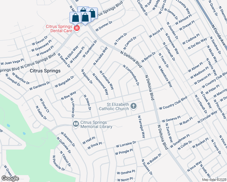map of restaurants, bars, coffee shops, grocery stores, and more near 9026 North Fontana Way in Citrus Springs
