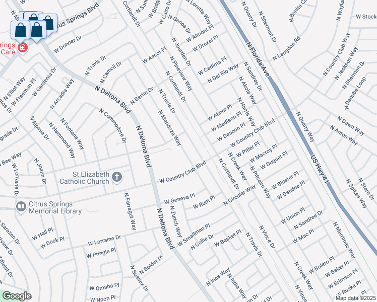 map of restaurants, bars, coffee shops, grocery stores, and more near 9017 North Mendoza Way in Citrus Springs