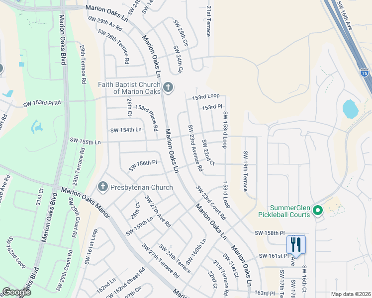 map of restaurants, bars, coffee shops, grocery stores, and more near 15626 Southwest 23rd Avenue Road in Ocala