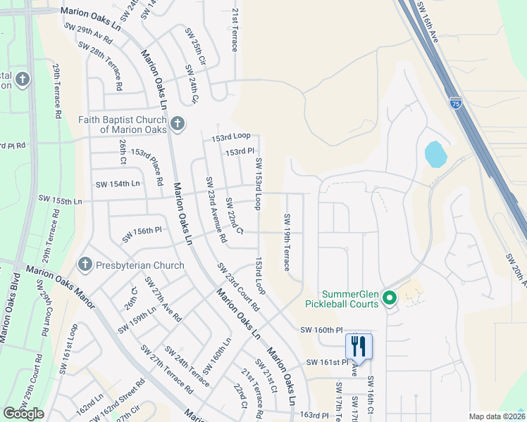 map of restaurants, bars, coffee shops, grocery stores, and more near 2117 Southwest 153rd Loop in Ocala