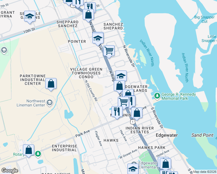 map of restaurants, bars, coffee shops, grocery stores, and more near 232 North Ridgewood Avenue in Edgewater