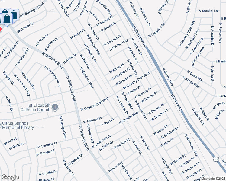 map of restaurants, bars, coffee shops, grocery stores, and more near 9030 North Cortlandt Drive in Citrus Springs