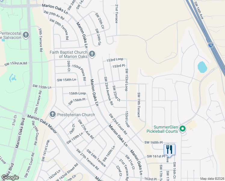 map of restaurants, bars, coffee shops, grocery stores, and more near 15592 Southwest 22nd Court Road in Ocala