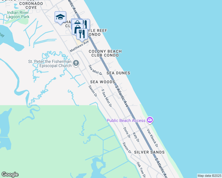 map of restaurants, bars, coffee shops, grocery stores, and more near 4407 South Atlantic Avenue in New Smyrna Beach