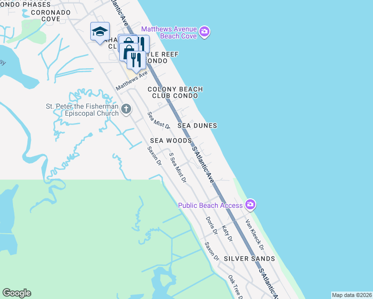 map of restaurants, bars, coffee shops, grocery stores, and more near 4407 South Atlantic Avenue in New Smyrna Beach