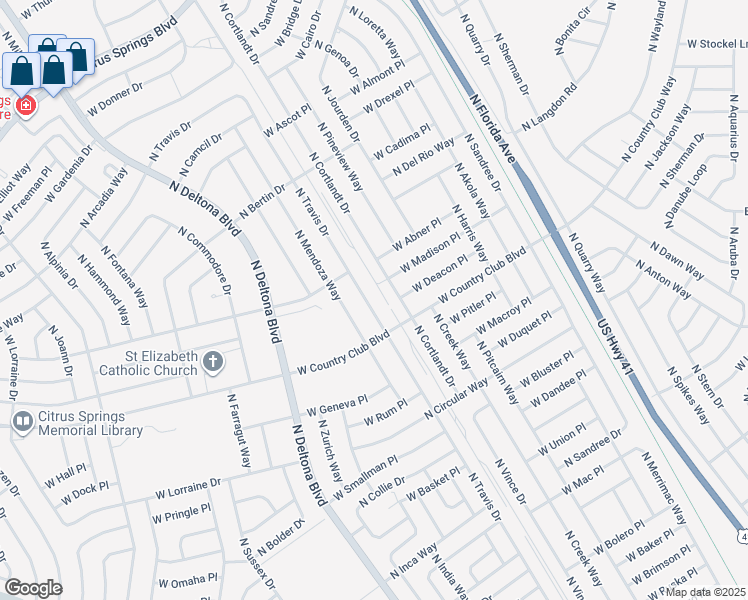 map of restaurants, bars, coffee shops, grocery stores, and more near 9047 North Travis Drive in Citrus Springs