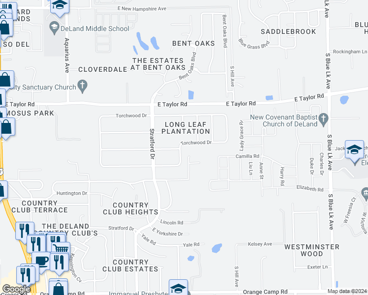 map of restaurants, bars, coffee shops, grocery stores, and more near 889 Torchwood Drive in DeLand
