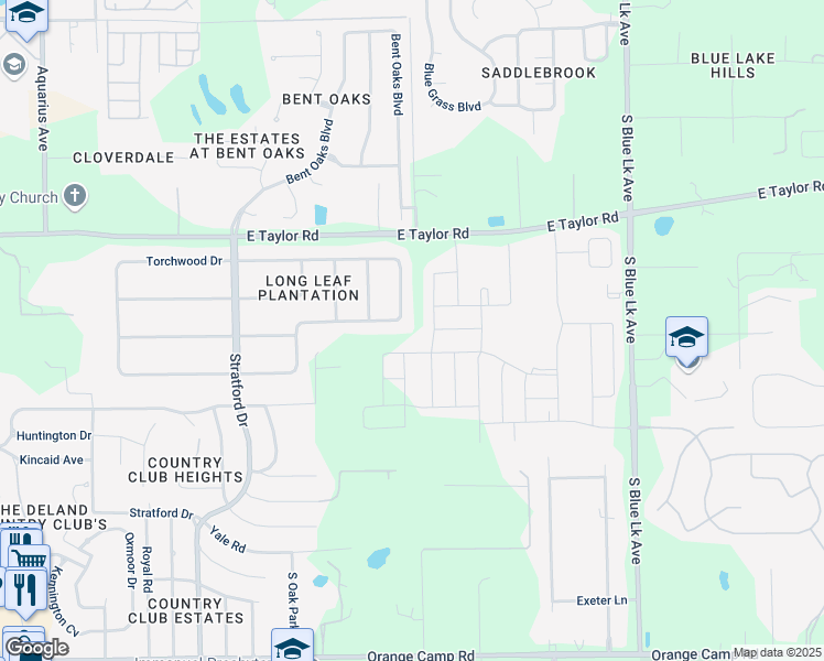map of restaurants, bars, coffee shops, grocery stores, and more near 835 Torchwood Drive in DeLand