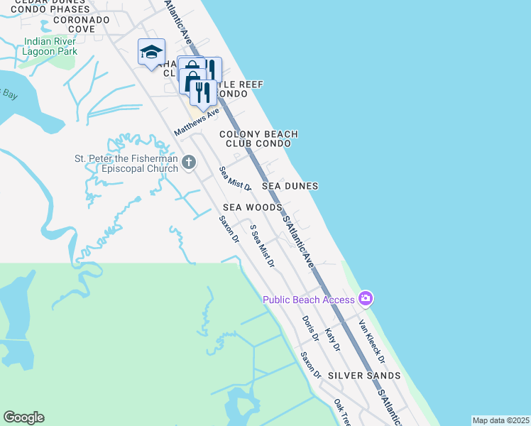 map of restaurants, bars, coffee shops, grocery stores, and more near 4309 Sea Mist Drive in New Smyrna Beach