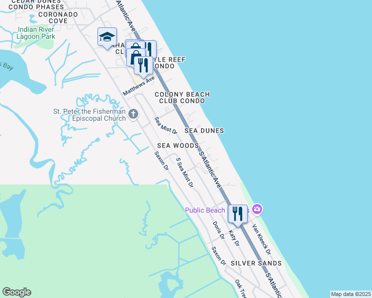 map of restaurants, bars, coffee shops, grocery stores, and more near 4407 Sea Mist Drive in New Smyrna Beach