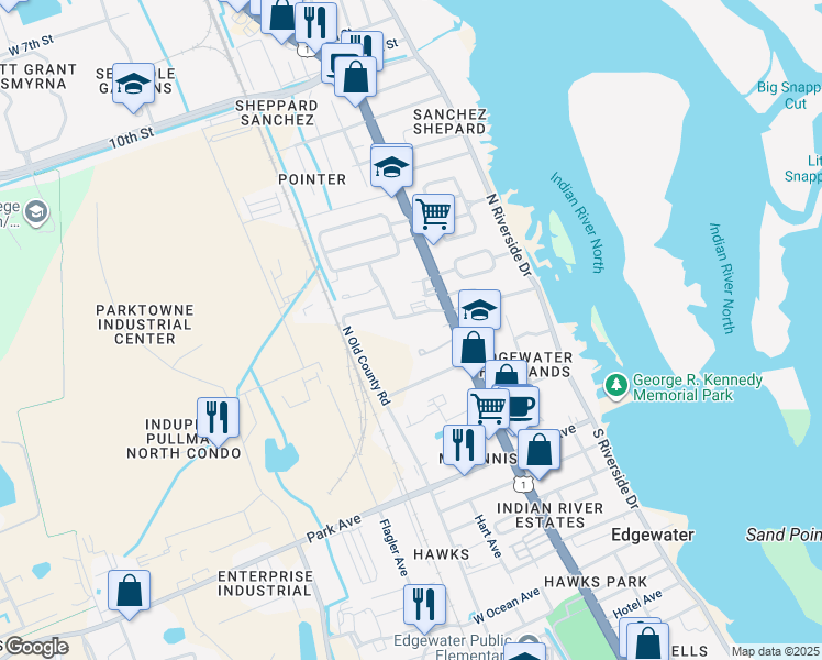 map of restaurants, bars, coffee shops, grocery stores, and more near 118 Mockingbird Lane in Edgewater