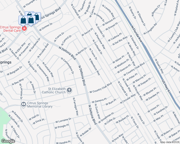 map of restaurants, bars, coffee shops, grocery stores, and more near 9132 North Peachtree Way in Citrus Springs