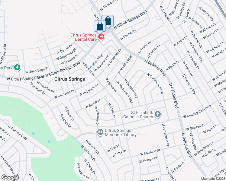 map of restaurants, bars, coffee shops, grocery stores, and more near 9131 North Alpinia Drive in Citrus Springs