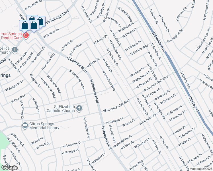 map of restaurants, bars, coffee shops, grocery stores, and more near 9118 North Mendoza Way in Citrus Springs