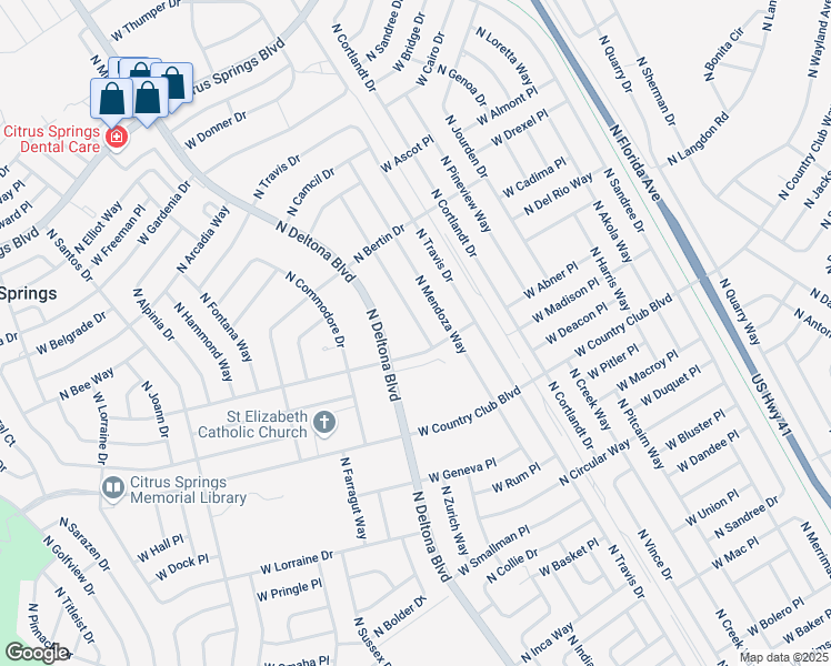 map of restaurants, bars, coffee shops, grocery stores, and more near 9106 North Peachtree Way in Citrus Springs