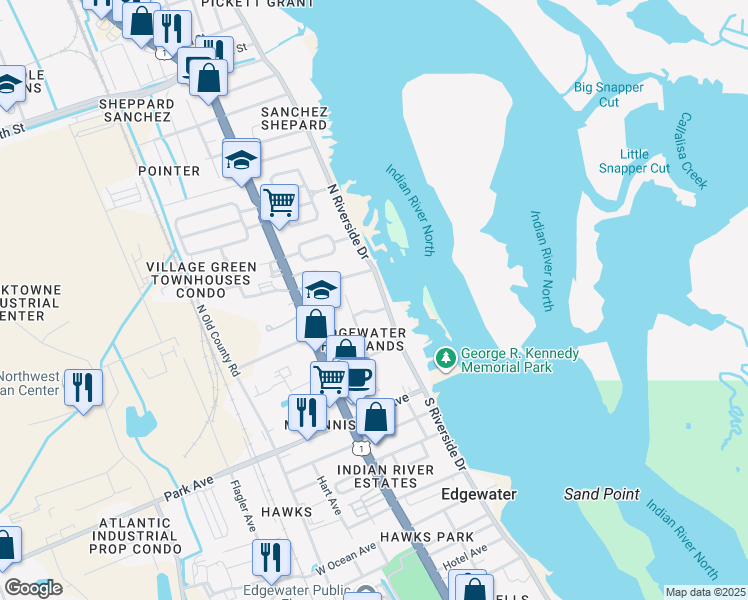 map of restaurants, bars, coffee shops, grocery stores, and more near 230 North Riverside Drive in Edgewater