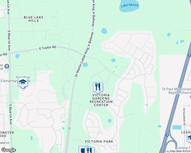 map of restaurants, bars, coffee shops, grocery stores, and more near 1101 Gardenshire Lane in Deland