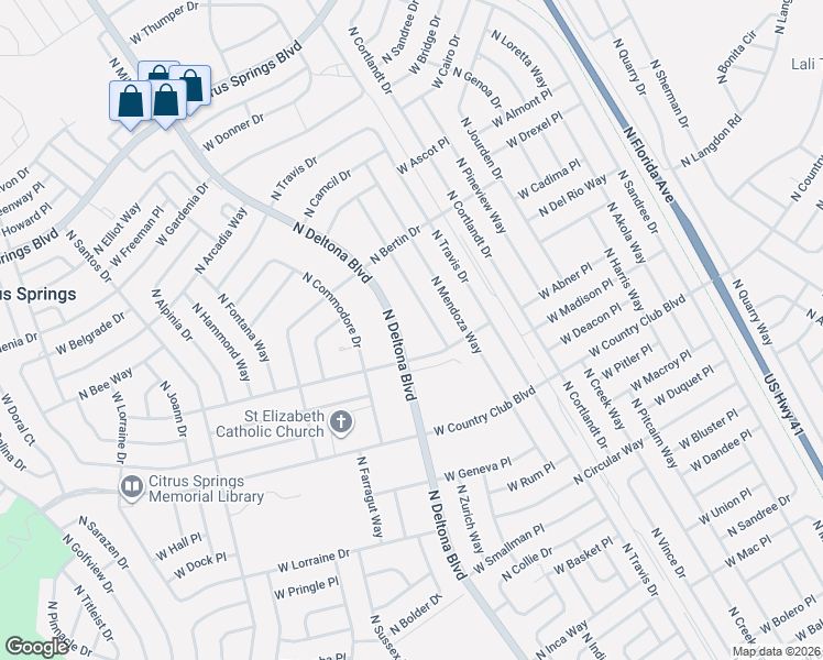 map of restaurants, bars, coffee shops, grocery stores, and more near 9132 North Peachtree Way in Citrus Springs