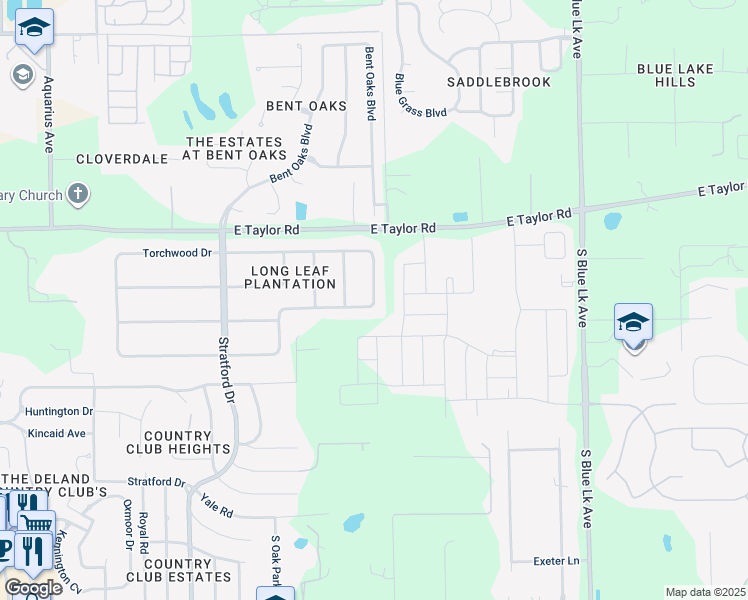 map of restaurants, bars, coffee shops, grocery stores, and more near 833 Torchwood Drive in DeLand