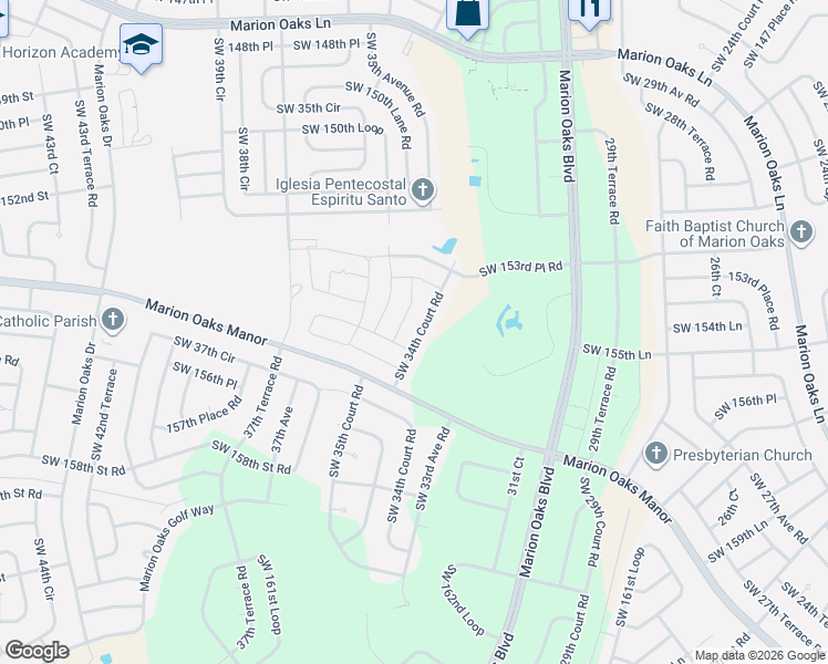 map of restaurants, bars, coffee shops, grocery stores, and more near 15493 Southwest 34th Avenue in Ocala