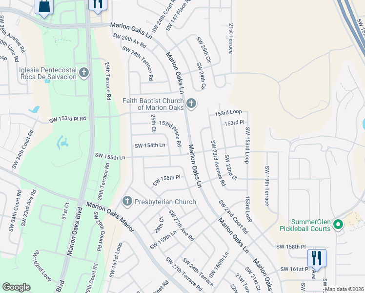 map of restaurants, bars, coffee shops, grocery stores, and more near 416 Marion Oaks Lane in Ocala