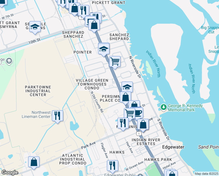 map of restaurants, bars, coffee shops, grocery stores, and more near 1 Mockingbird Lane in Edgewater