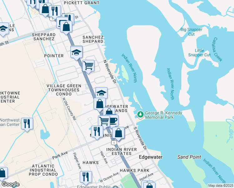 map of restaurants, bars, coffee shops, grocery stores, and more near 230 North Riverside Drive in Edgewater