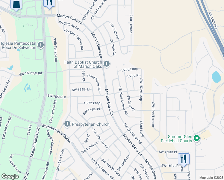 map of restaurants, bars, coffee shops, grocery stores, and more near 15523 Southwest 23rd Court Road in Ocala
