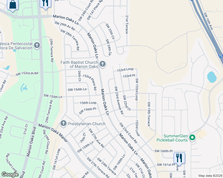 map of restaurants, bars, coffee shops, grocery stores, and more near 15523 Southwest 23rd Court Road in Ocala