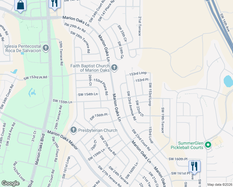 map of restaurants, bars, coffee shops, grocery stores, and more near 416 Marion Oaks Lane in Ocala