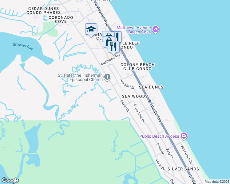 map of restaurants, bars, coffee shops, grocery stores, and more near 4312 Saxon Drive in New Smyrna Beach