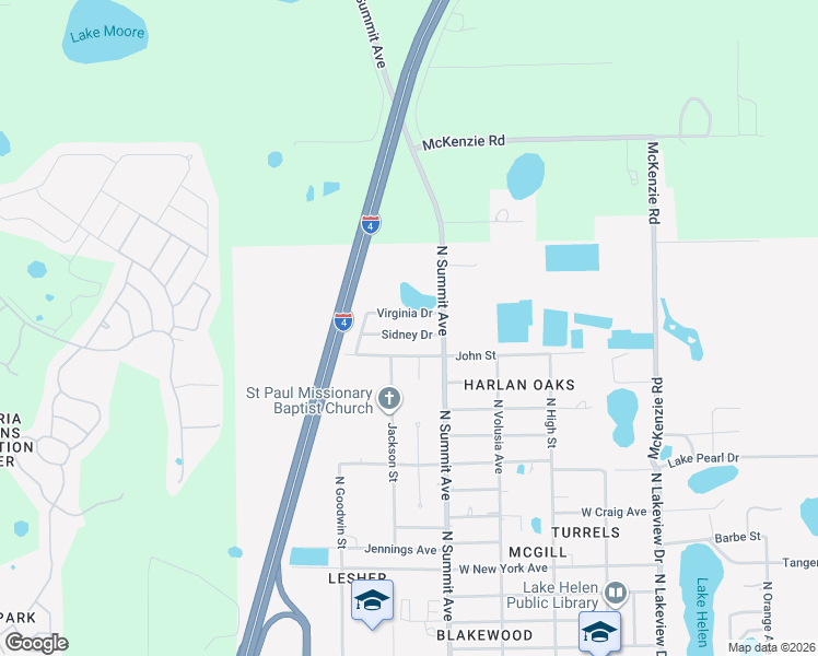 map of restaurants, bars, coffee shops, grocery stores, and more near 556 Sidney Drive in Lake Helen