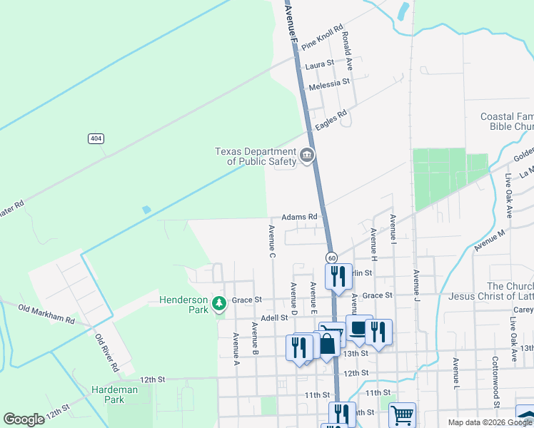 map of restaurants, bars, coffee shops, grocery stores, and more near 132 Adams Road in Bay City