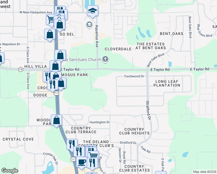 map of restaurants, bars, coffee shops, grocery stores, and more near 1735 Taylor Woods Road in DeLand