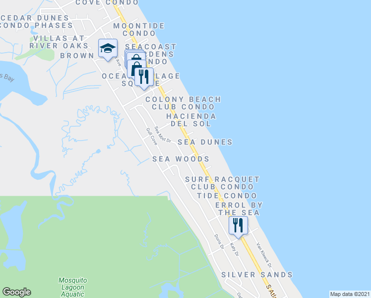 map of restaurants, bars, coffee shops, grocery stores, and more near 4309 Sea Mist Drive in New Smyrna Beach