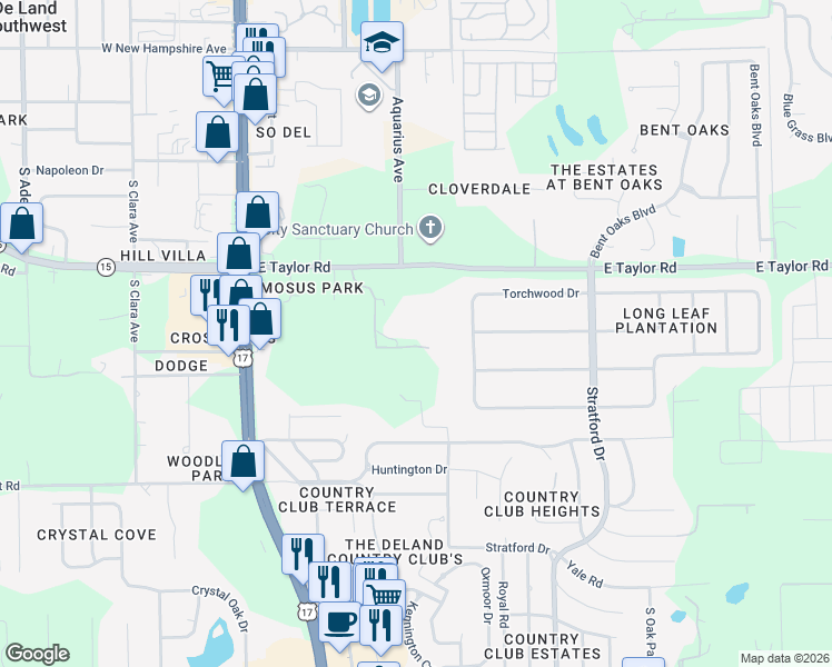 map of restaurants, bars, coffee shops, grocery stores, and more near 1735 Taylor Woods Road in DeLand