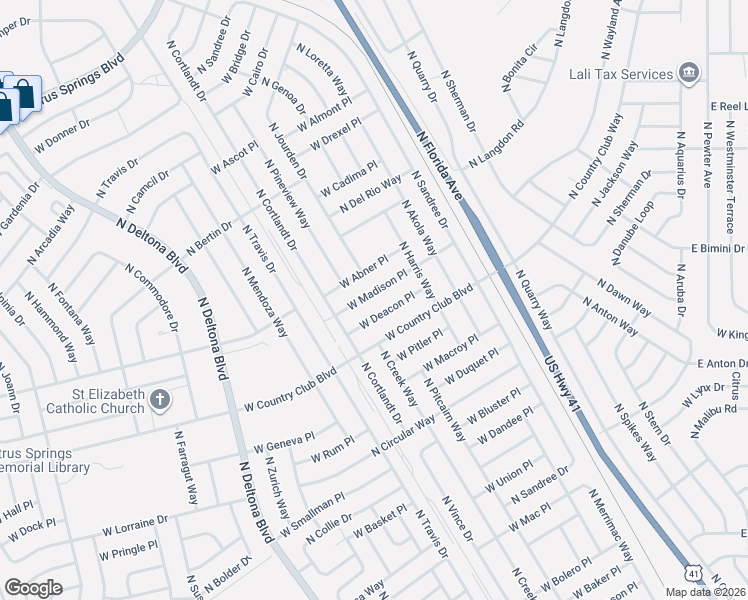 map of restaurants, bars, coffee shops, grocery stores, and more near 835 West Deacon Place in Citrus Springs